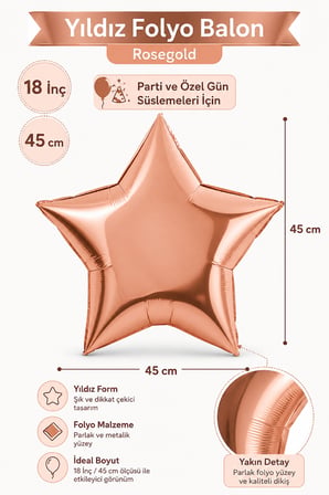 Folyo Balon Yıldız Rosegold 18 İnç 45 cm Metalik Doğum Günü Nişan Söz Parti Süsleme Dekoru