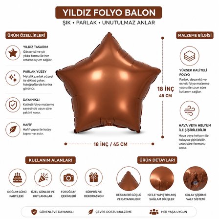Kahverengi Yıldız Folyo Balon 18 İnç 45 cm Doğum Günü Parti Süsü Dekorasyon Balonu