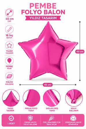 Pembe Yıldız Folyo Balon 18 İnç 45 cm Doğum Günü Parti Kutlama Fotoğraf Alanı Dekor Süsü