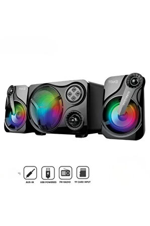 Leerfei SP-60 2.1 Bluetooth Hoparlör Sistemi | RGB Işıklı Subwoofer ve Uydu Hoparlörler | USB, TF Kart, FM Destekli