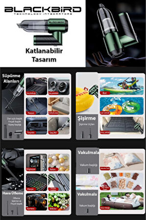 Blackbird MK-5802 16000PA Katlanabilir Kablosuz Araç Süpürgesi | 3 Kademeli Güç | Şarjlı El Süpürgesi