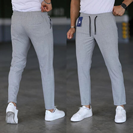 Erkek Açık Gri Slim Fit Rahat Kesim Beli Bağlamalı Yan Cepli Likralı Jogger Pantolon