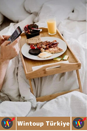 Kompakt Dayanıklı Kahvaltı Bilgisayar Masası Bambu Kulplu Ayaklı Katlanabilir Keyif Tepsisi 63X25 Cm