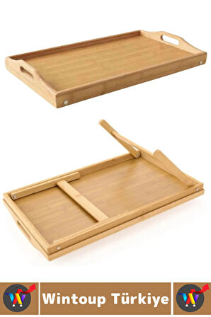 Kompakt Dayanıklı Kahvaltı Bilgisayar Masası Bambu Kulplu Ayaklı Katlanabilir Keyif Tepsisi 63X25 Cm