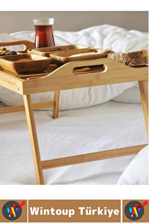Kompakt Dayanıklı Kahvaltı Bilgisayar Masası Bambu Kulplu Ayaklı Katlanabilir Keyif Tepsisi 63X25 Cm
