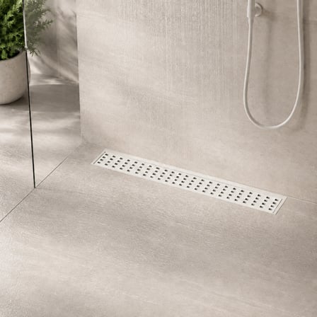 40 cm Beyaz Lineer 304 Paslanmaz Çelik Kaplamalı Duş Kanalı Izgara Yer Süzgeci Kare Delikli Koku Önleyici