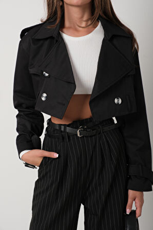 Kemer Detay Siyah Crop Trençkot