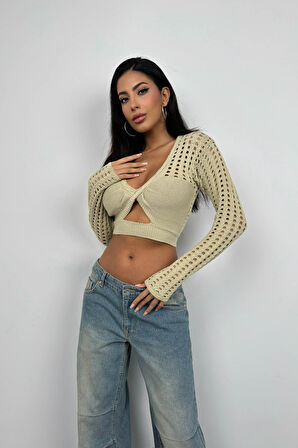 Ajurlu Bej Triko Crop Bluz