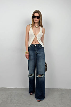 Geniş Paça Lazer Detay Mavi Jean