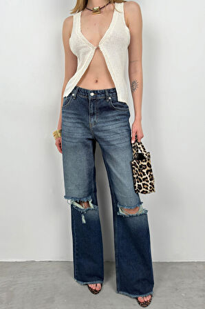 Geniş Paça Lazer Detay Mavi Jean