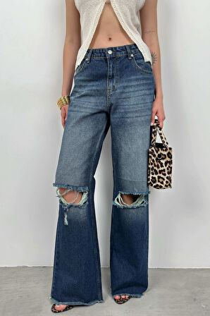 Geniş Paça Lazer Detay Mavi Jean
