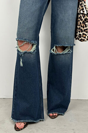Geniş Paça Lazer Detay Mavi Jean