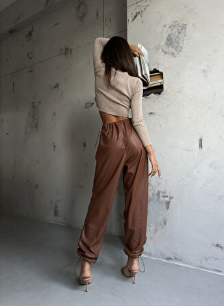 Bel Lastikli Deri Kahverengi Pantolon