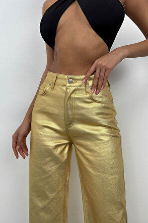 Metalik Gold Yüksek Bel Pantolon