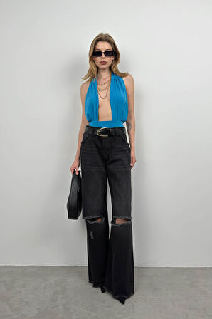 Geniş Paça Lazer Detay Gri Jean