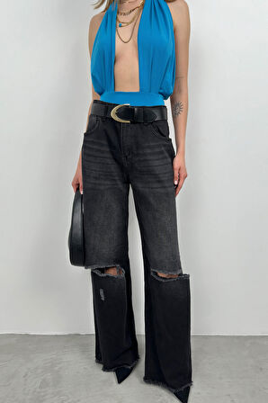 Geniş Paça Lazer Detay Gri Jean