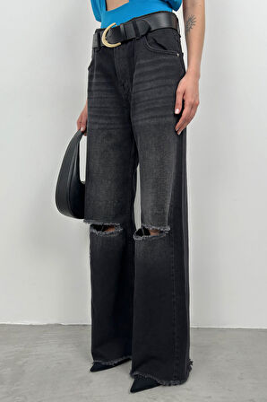 Geniş Paça Lazer Detay Gri Jean