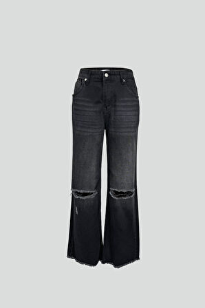 Geniş Paça Lazer Detay Gri Jean