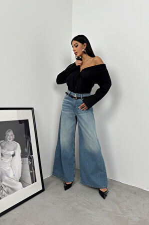 Asimetrik Şal Yaka Siyah Gömlek