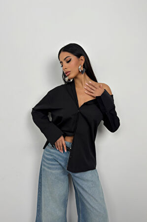 Asimetrik Şal Yaka Siyah Gömlek
