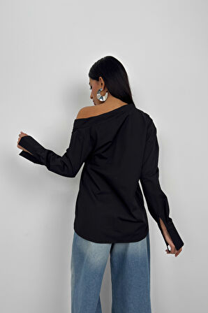 Asimetrik Şal Yaka Siyah Gömlek