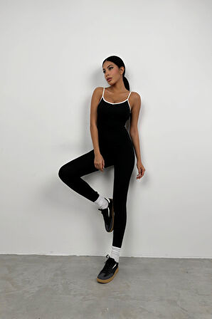 Biye Detay Siyah Spor Tulum