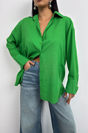 Oversize Yeşil Keten Gömlek