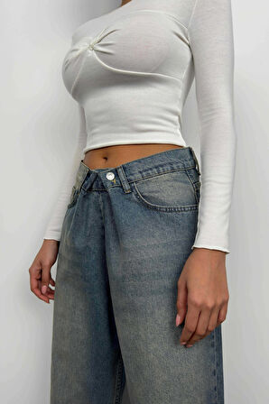 Düşük Bel Çift Düğmeli Mavi Wide Leg Jean