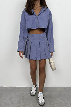 Çizgili Pileli Mavi Mini Etek