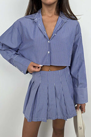 Çizgili Pileli Mavi Mini Etek