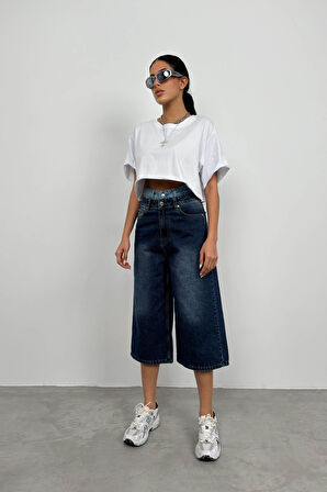 Çift Kemerli Bermuda Mavi Kot Şort