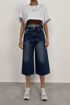 Çift Kemerli Bermuda Mavi Kot Şort