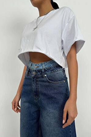 Çift Kemerli Bermuda Mavi Kot Şort