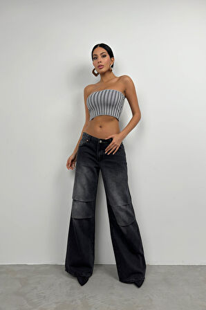 Straplez Fitilli Gri Crop