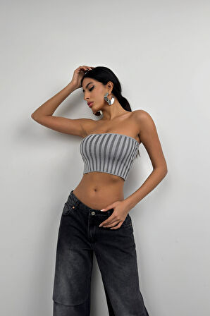 Straplez Fitilli Gri Crop