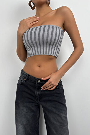 Straplez Fitilli Gri Crop