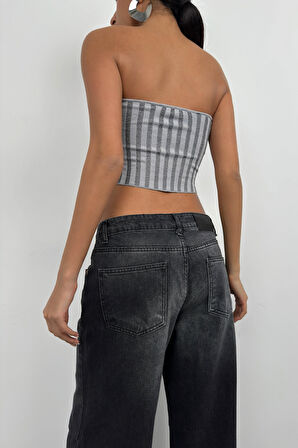 Straplez Fitilli Gri Crop