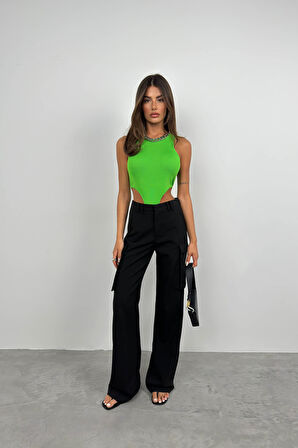 Pencere Detay Yüzücü Lime Bodysuit