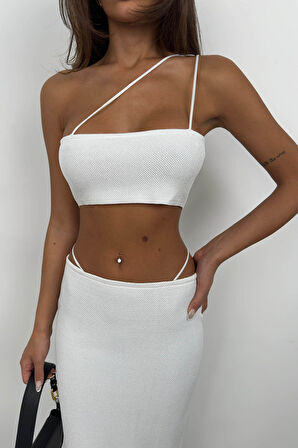 İp Detay Dokulu Ekru Maxi Etek