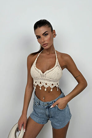 Ajurlu Brode Taş Crop Bra