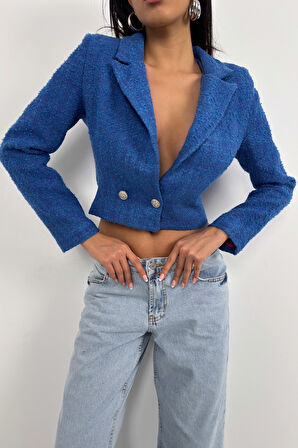 Tüvit Crop Saks Blazer Ceket