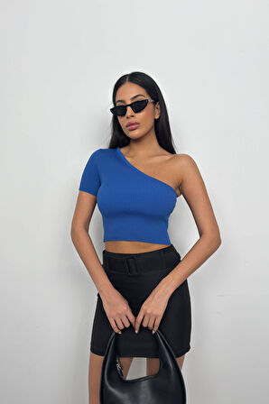 Tek Omuz Saks Crop Bluz