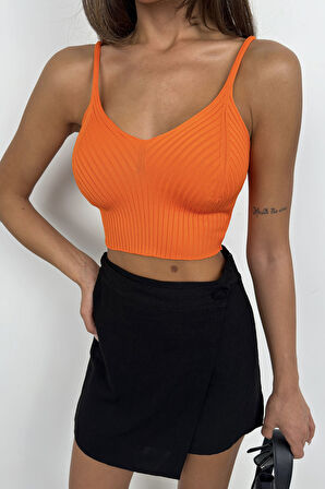 V Yaka Turuncu Crop Bluz