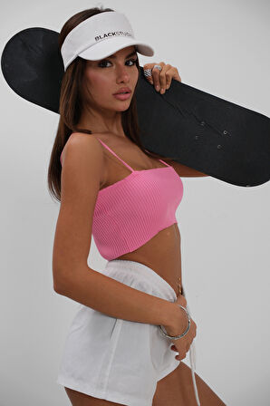 İnce Askılı Pembe Crop Top