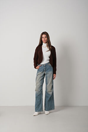 Biyeli Crop Kahverengi Triko Hırka