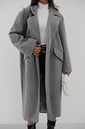 Balıksırtı Gri Oversize Kaban
