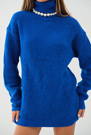 Oversize Balıkçı Yaka Mavi Triko Tunik
