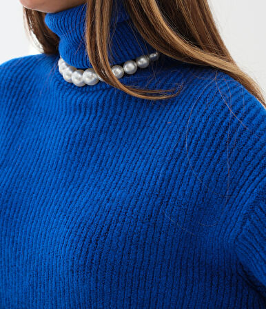 Oversize Balıkçı Yaka Mavi Triko Tunik