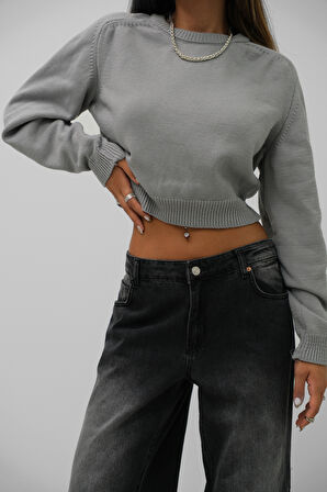 Reglan Kol Gri Crop Triko Kazak