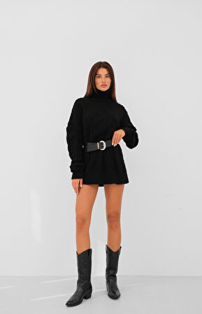 Oversize Boğazlı Siyah Örgü Kazak